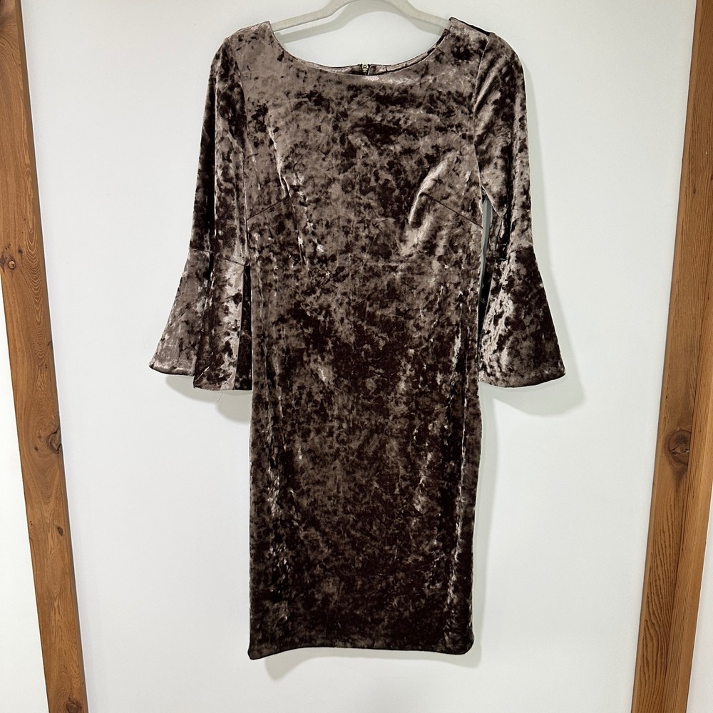 Calvin Klein Dress Crushed Velvet Bell Sleeve Women 8 Brown Sheath Metallic Luxe